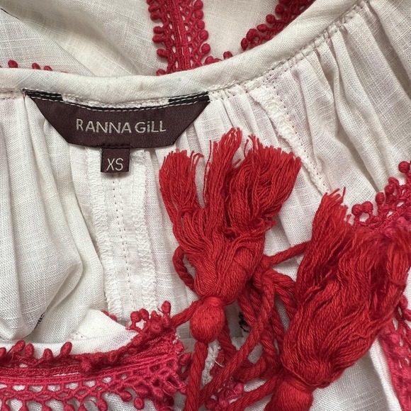 Ranna Gill Dress Womens XS White Red Embroidered Floral Boho Tassel Trim - Picture 12 of 13